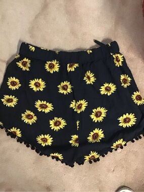 Women's High-Waist Sunflower Print Black Shorts